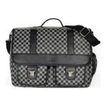 luxe check messenger dog carrier with gunmetal hardware